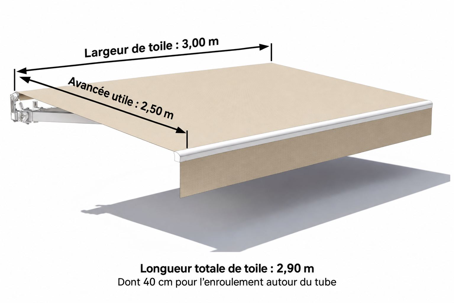 Croquis de toile de store banne : largeur 3 m, avancée utile 2,50 m et longueur totale de toile 2,90 m, dont 40 cm pour l’enroulement autour du tube.
